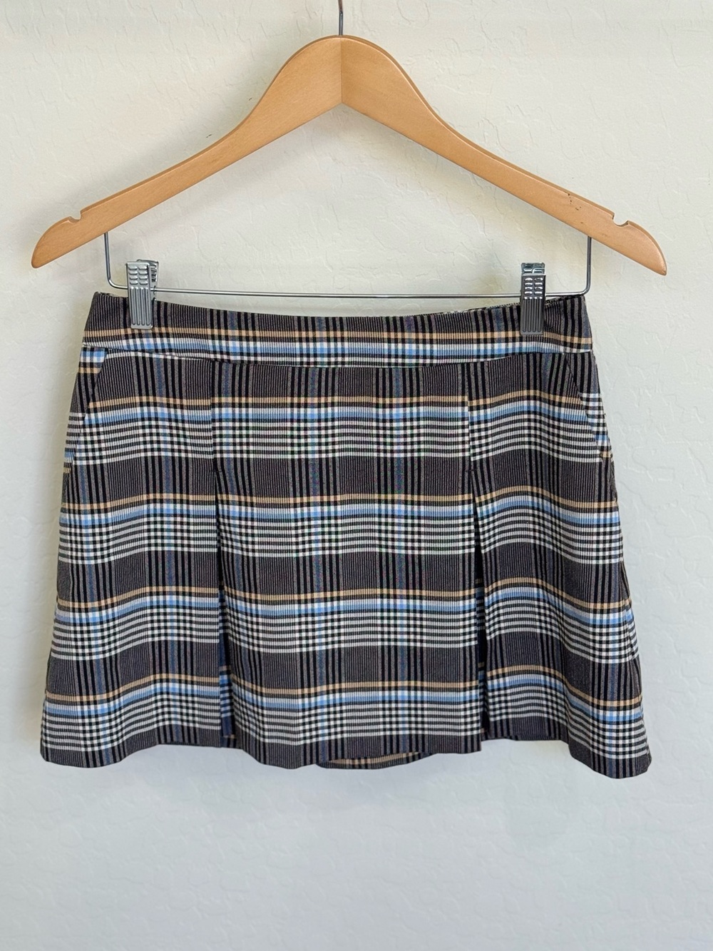 Topshop Brown Blue Plaid Pleated Mini Skirt US 4 Preppy Academia Check - Picture 1 of 4